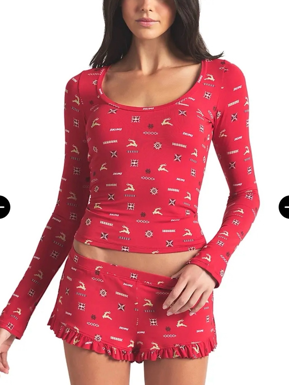 SKIMS Red Scoop Neck Long-Sleeve Pajama Top and Ruffle Shorts